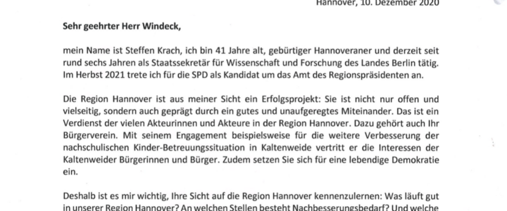 Steffen Krach (SPD) lädt BfK zum Gespräch ein Einladung der SPD zum Dialog mit Steffen Krach vom 15.12.2020